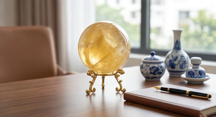 Quả cầu thạch anh vàng và vật phẩm gốm sứ phong thủy đặt trang trọng trên bàn làm việc bằng gỗ