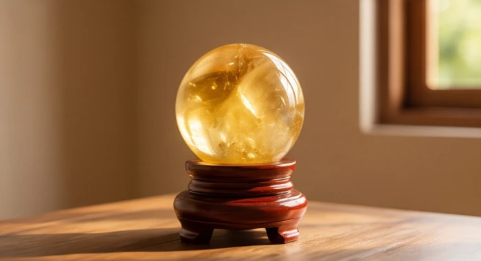 Quả cầu đá thạch anh vàng phong thủy đặt trên đôn gỗ trang trọng tại góc phòng khách yên tĩnh