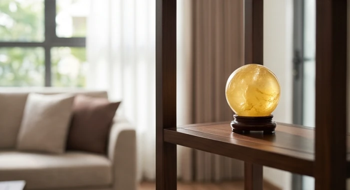 Quả cầu thạch anh vàng rực rỡ được đặt trang trọng trên kệ phòng khách để chấn yểm và cân bằng năng lượng trong nhà