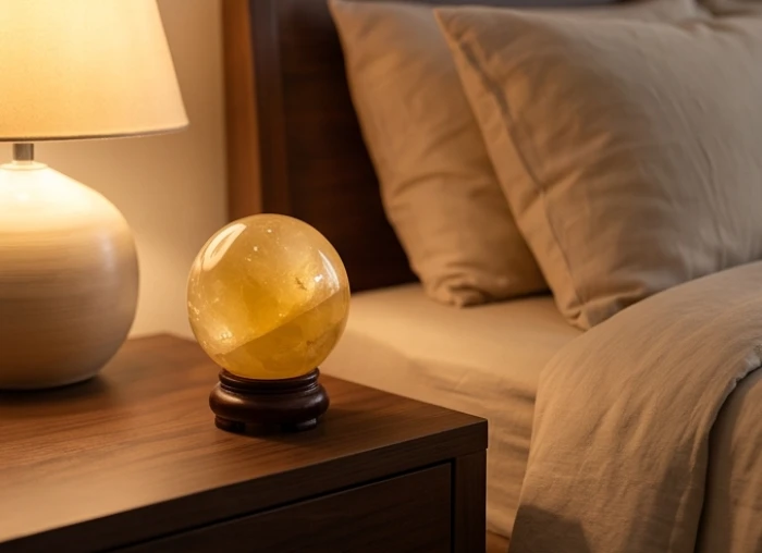 Quả cầu đá thạch anh vàng đất đặt cạnh đèn ngủ trên tủ đầu giường giúp hóa giải sát khí và cân bằng năng lượng trong phòng ngủ
