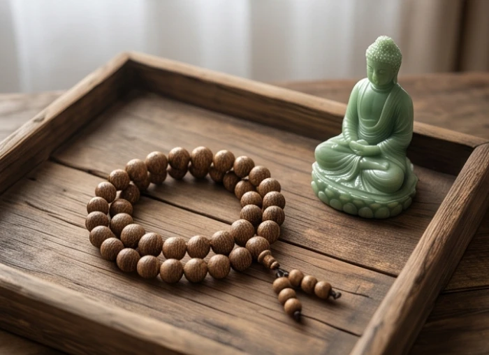 Vòng tay chuỗi hạt trầm hương và bức tượng Phật ngọc bích nhỏ nhắn đặt trang trọng trên khay gỗ
