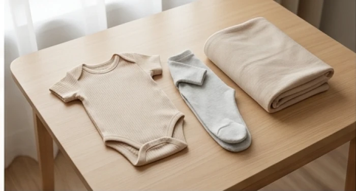 Những bộ quần áo sơ sinh vải cotton hữu cơ màu kem và ghi nhạt được xếp gọn gàng cạnh nôi em bé