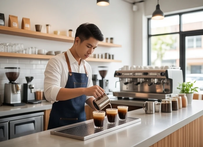 Nhân viên pha chế trẻ tuổi Ất Dậu 2005 đang chuẩn bị đồ uống tại quầy cà phê mang đi thiết kế hiện đại