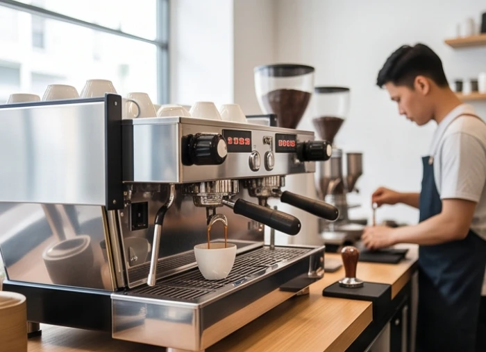 Khu vực quầy pha chế trang bị máy espresso kim loại sáng bóng tại quán cà phê hiện đại