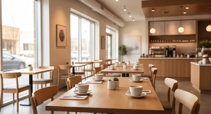 Không gian quán cafe sang trọng với hệ thống đèn ánh sáng vàng ấm cho người mệnh Hỏa