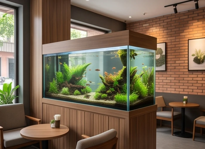 Không gian quán cafe hiện đại được bố trí thêm hồ cá thủy sinh tươi mát giúp kích hoạt dòng tiền lưu thông