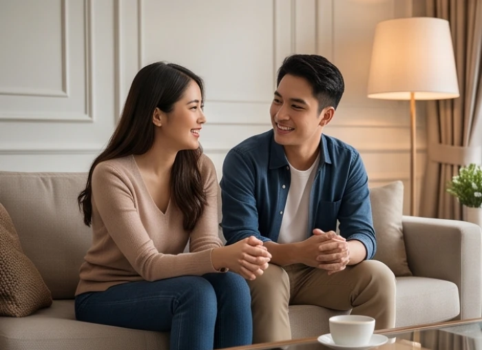 Cặp đôi trẻ đang ngồi trò chuyện chân thành và thấu hiểu nhau trong một không gian phòng khách ấm cúng