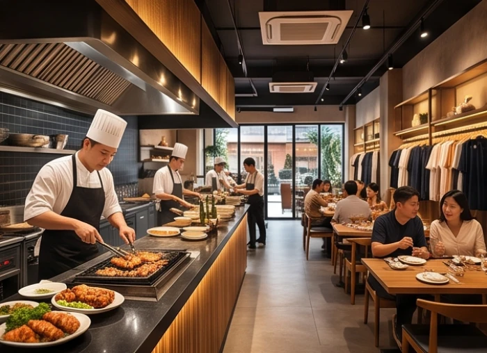 Không gian quán nướng BBQ ấm cúng và cửa hàng thời trang sang trọng phù hợp cho người sinh năm Giáp Tuất 1994
