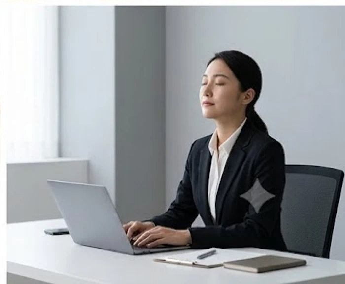 Người phụ nữ nhắm mắt hít thở sâu tại bàn làm việc để kiểm soát sự tức giận và lấy lại bình tĩnh