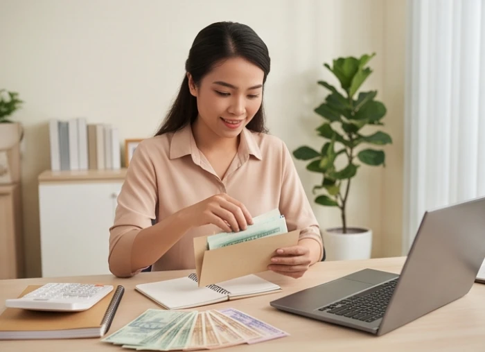 Người trẻ tuổi Ất Hợi chia nhỏ thu nhập vào các phong bì tiết kiệm và lên biểu đồ ngân sách theo tử vi tuổi hợi năm 2026
