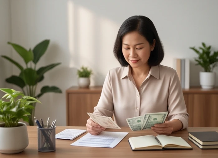 Phụ nữ Quý Sửu 1973 cẩn trọng xem xét sổ sách tài chính gia đình bên bàn làm việc để ổn định kinh tế