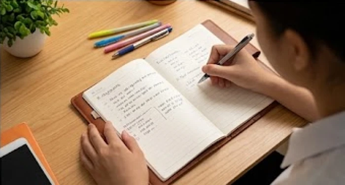 Học sinh sinh viên tuổi mậu tý cẩn thận ghi chép kế hoạch chi tiêu và thời gian biểu cá nhân trên sổ tay