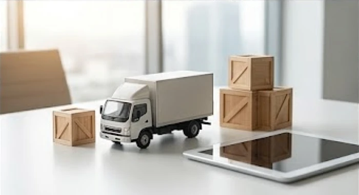 Mô hình xe tải vận chuyển và kiện hàng nhỏ đại diện cho ngành logistics và chuỗi cung ứng