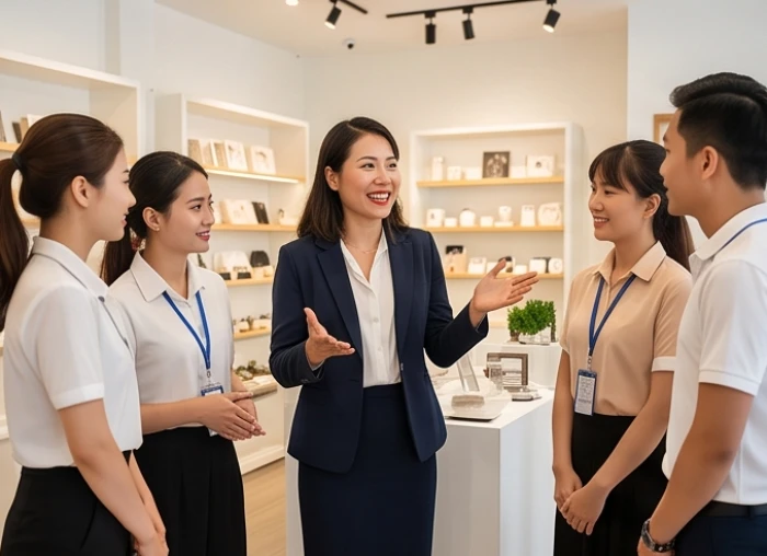 Một nhóm nhân viên đang vui vẻ bàn bạc công việc dưới sự hướng dẫn của người quản lý