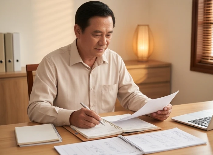 Doanh nhân tuổi Mậu Tý suy xét cẩn trọng trên sổ sách tài chính tại bàn làm việc nhằm bảo toàn nguồn vốn lưu động