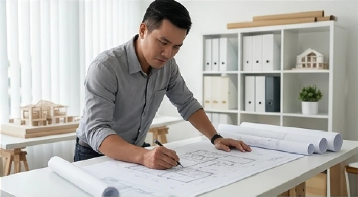Quản lý dự án xem xét bản vẽ quy hoạch phát triển bất động sản thương mại tại văn phòng làm việc