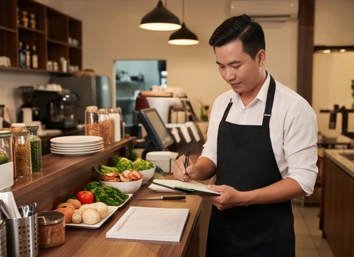 Quản lý nhà hàng kiểm tra sổ sách và định lượng nguyên liệu tươi tại quầy pha chế để ngăn ngừa thất thoát