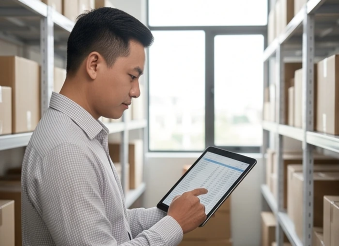 Chủ cửa hàng kiểm tra số liệu xuất nhập kho trên máy tính bảng để kiểm soát chặt chẽ dòng tiền kinh doanh