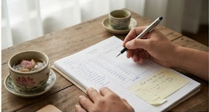 Biểu đồ sổ sách tài chính cá nhân thể hiện sự chuẩn bị ngân sách dự phòng khi đối mặt với rủi ro từ vận hạn