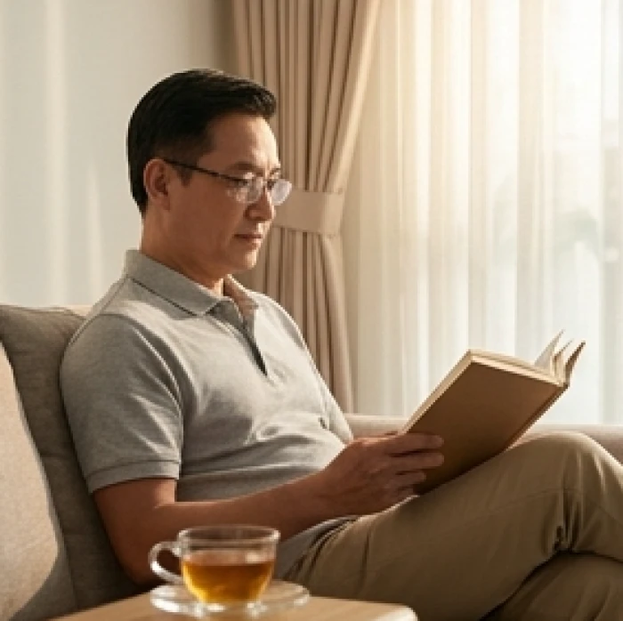 Người đàn ông trung niên ngồi đọc sách bên tách trà ấm tại phòng khách yên tĩnh tràn ngập ánh sáng