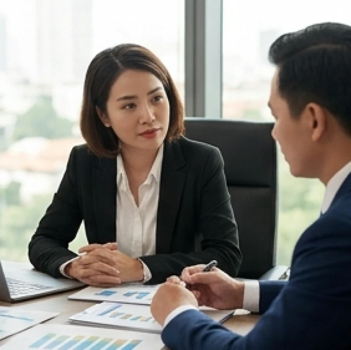 Nữ doanh nhân Ất Sửu cùng cố vấn tài chính rà soát báo cáo ngân sách doanh nghiệp để kiểm soát dòng tiền