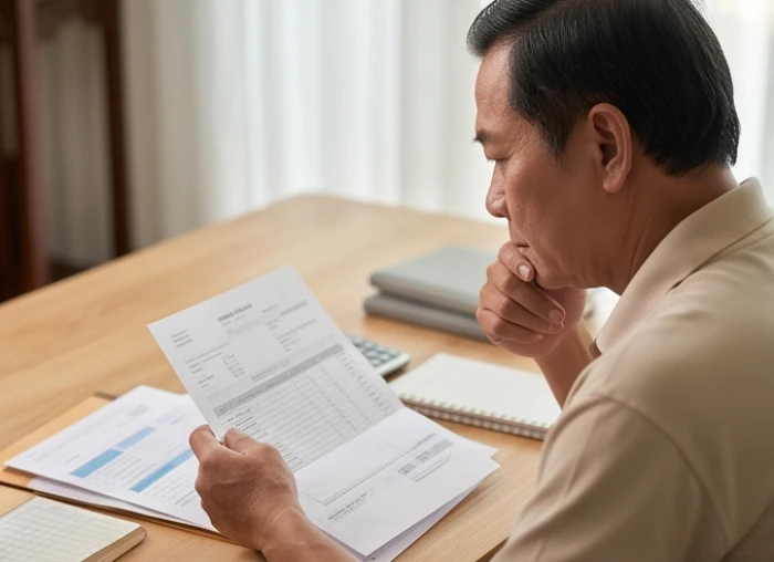 Người đàn ông trung niên cẩn thận ghi chép sổ sách tài chính chuẩn bị cho giai đoạn biến động năm 2025 và 2026