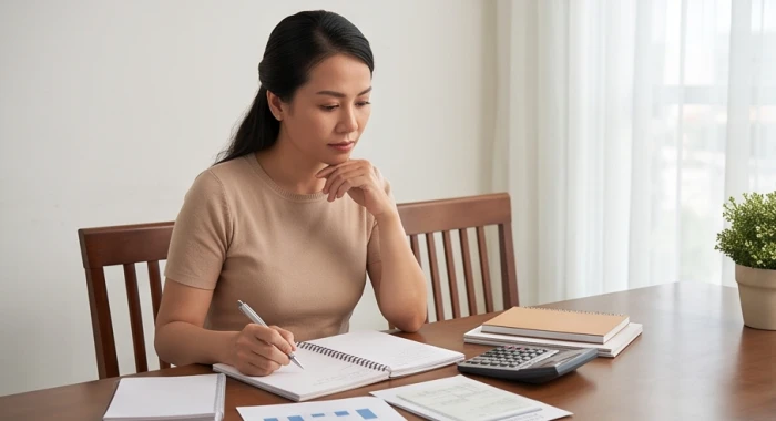 Người phụ nữ cẩn trọng xem xét sổ sách và kế hoạch tài chính cá nhân để hạn chế rủi ro đầu tư