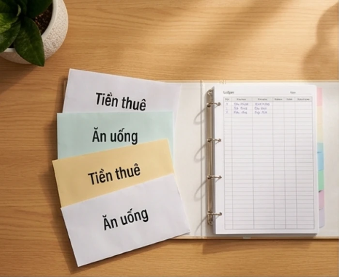 Bảng kế hoạch thu chi và các phong bì phân bổ dòng tiền được sắp xếp cẩn thận trên bàn làm việc