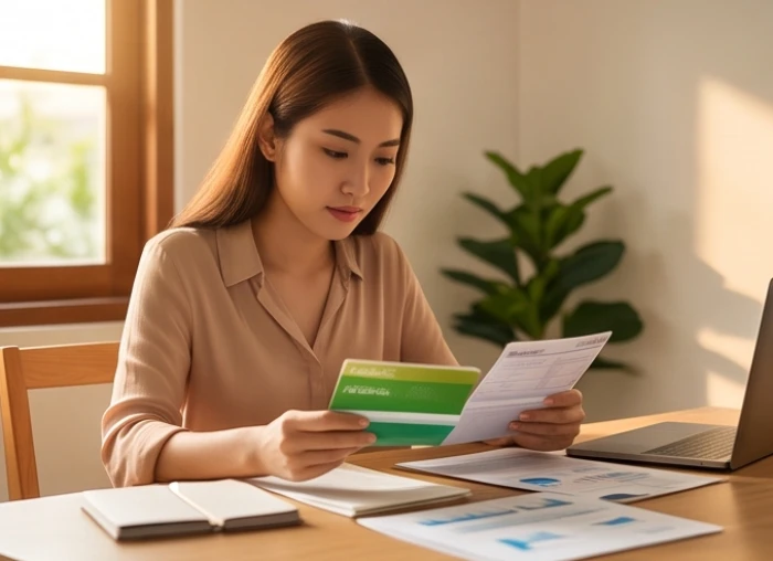 Người phụ nữ cẩn thận kiểm tra sổ tiết kiệm và các hợp đồng giấy tờ trên bàn làm việc tại nhà