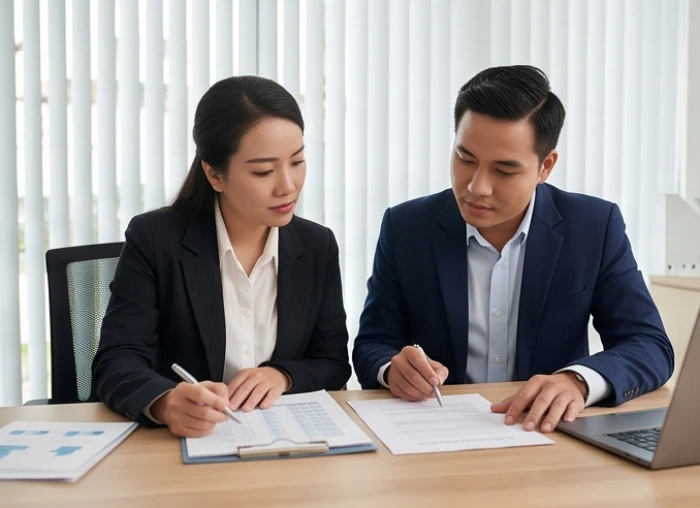 Hai đối tác kinh doanh đang thảo luận và cùng ký duyệt sổ sách tài chính tại văn phòng