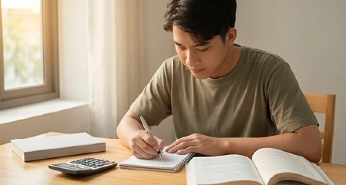 Nam sinh viên Bính Tuất cẩn trọng ghi chép kế hoạch thu chi cá nhân trên sổ tay để kiểm soát tài chính