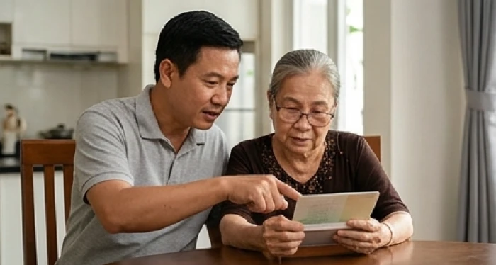 Người con trai cẩn thận hướng dẫn mẹ già cất giữ sổ tiết kiệm và giấy tờ quan trọng