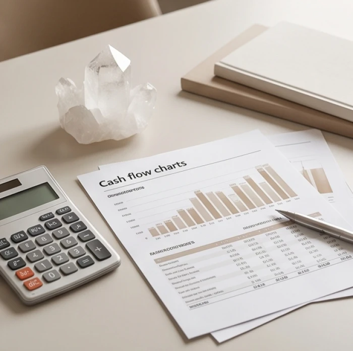 Bảng biểu quản lý dòng tiền và các công cụ đo lường rủi ro đặt cạnh quả cầu thạch anh trắng mệnh Kim