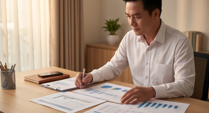 Chủ doanh nghiệp tuổi 54 xem xét bảng kế hoạch dòng tiền và duy trì quỹ dự trữ tài chính an toàn