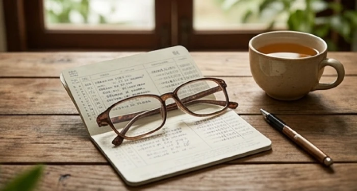 Sổ tiết kiệm và chiếc kính lão đặt ngay ngắn trên bàn trà tượng trưng cho sự thảnh thơi tuổi xế chiều