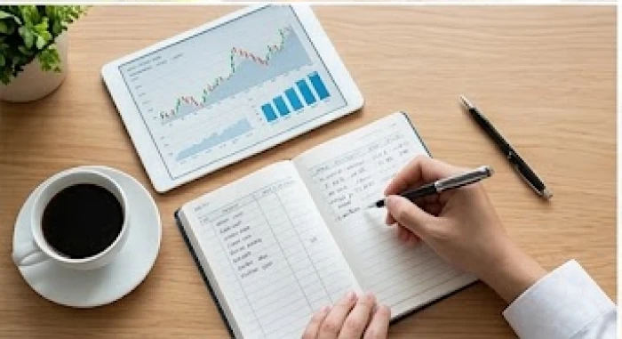Sổ sách tài chính và máy tính hiển thị biểu đồ được sắp xếp cẩn thận trên bàn làm việc cá nhân