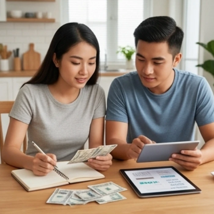 Cặp vợ chồng người Việt cùng ngồi xem xét sổ sách chi tiêu và thống nhất kế hoạch ngân sách gia đình