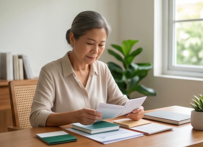 Phụ nữ trung niên cẩn trọng kiểm tra sổ tiết kiệm và giấy tờ tài chính để phòng hao tài