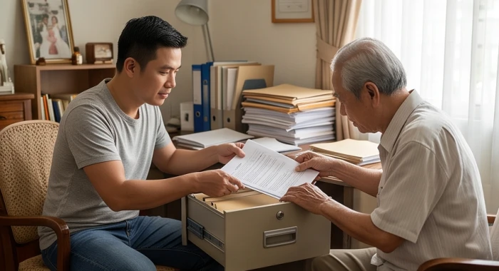 Người con trai đang cẩn thận hướng dẫn cụ ông 83 tuổi cất giữ các giấy tờ quan trọng vào ngăn kéo có khóa
