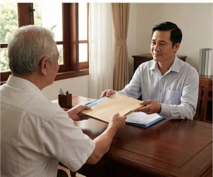 Người ông tuổi Nhâm Thìn bàn giao sổ sách giấy tờ tài sản an toàn cho con cháu hợp tuổi trong phòng làm việc