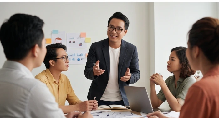 Trưởng phòng dịch vụ truyền thông tuổi nhâm tuất điều hành cuộc họp ý tưởng cùng đội ngũ sáng tạo