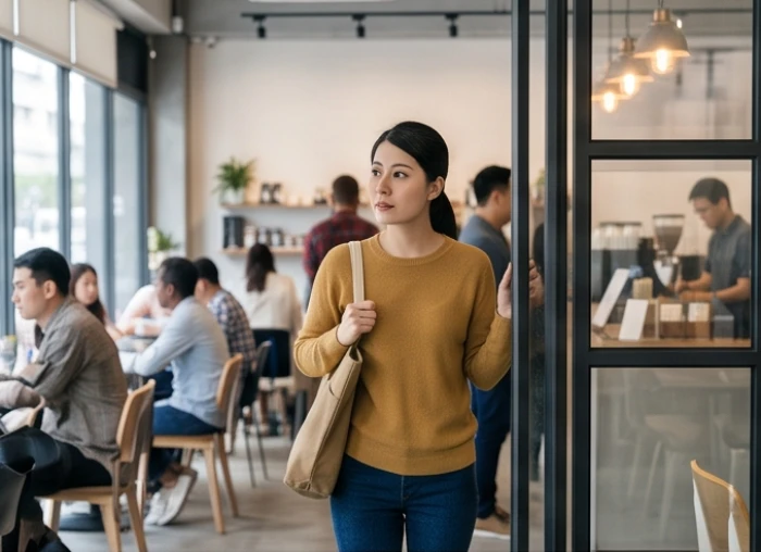 Cô gái trẻ cẩn trọng quan sát xung quanh khi bước vào một quán cà phê đông người lạ mặt