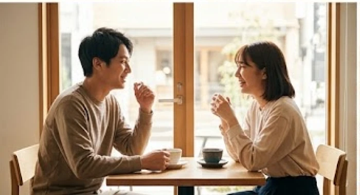 Hai bạn trẻ trò chuyện vui vẻ tại không gian quán cà phê ngập tràn ánh sáng tự nhiên