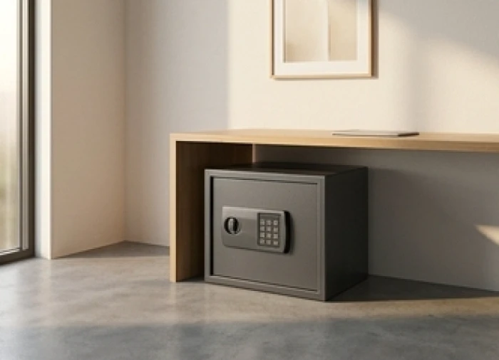 Chiếc két sắt mini bằng kim loại được đặt ở góc phòng làm việc thể hiện việc bảo vệ tài sản
