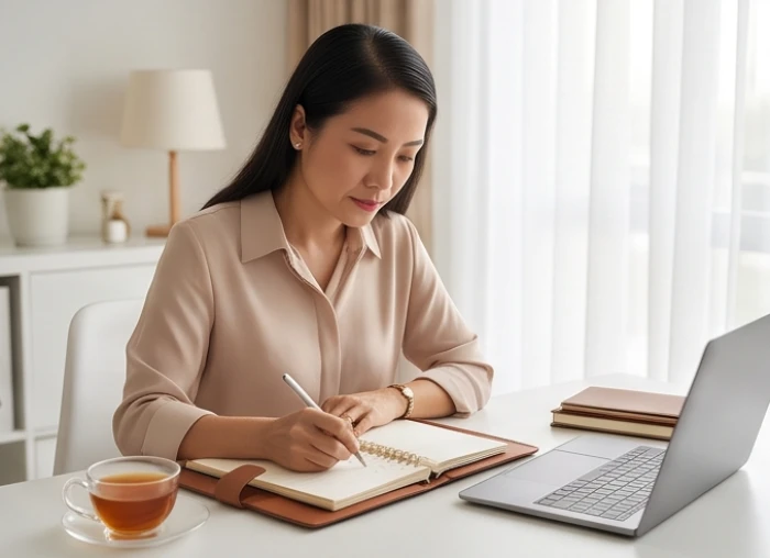 Người phụ nữ tuổi Hợi cẩn trọng lập kế hoạch chi tiêu và quản lý tài chính gia đình trên bàn làm việc tại nhà