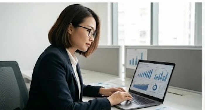 Nữ chuyên viên tài chính tập trung rà soát các báo cáo số liệu trên màn hình máy tính xách tay
