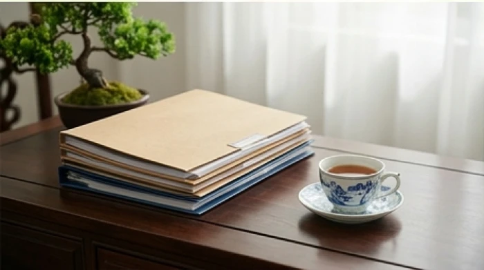 Sổ tiết kiệm và các giấy tờ quản lý tài sản được sắp xếp ngăn nắp trên bàn trà gỗ bên cạnh tách trà sen thơm ngát