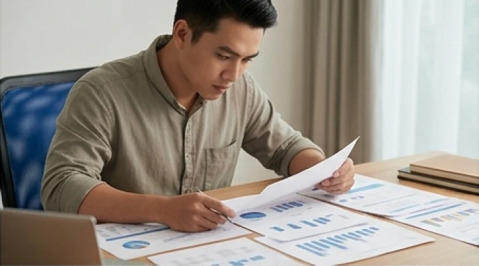 Doanh nhân nam tuổi Mậu Dần rà soát sổ sách tài chính và kế hoạch kinh doanh cốt lõi để giữ vững nguồn vốn