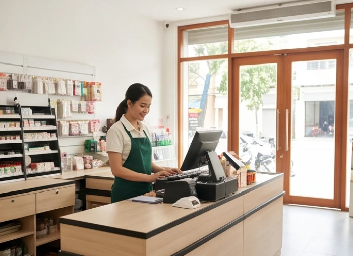 Nhân viên đang đứng tại quầy thu ngân xoay mặt nhìn thẳng ra hướng cửa chính của tiệm