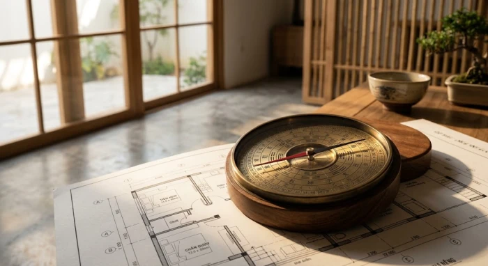 Bản vẽ mặt bằng kiến trúc kết hợp la bàn phong thủy giúp xác định nam nữ tuổi quý dậu 1993 hợp hướng nào